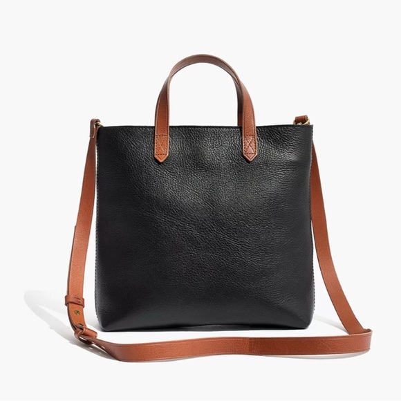 Madewell Zip Top Transport Black and Tan Leather Tote Bag - Picture 1 of 9